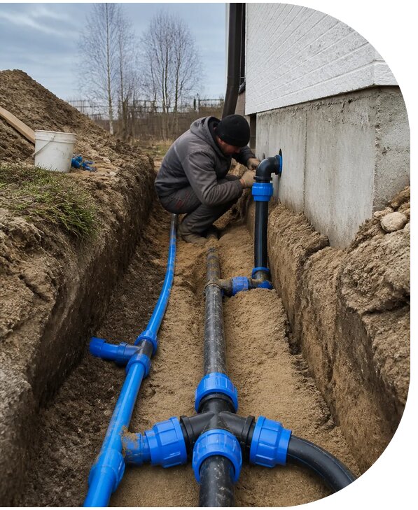 Монтаж наружного водопровода на участке под ключ в Карталах